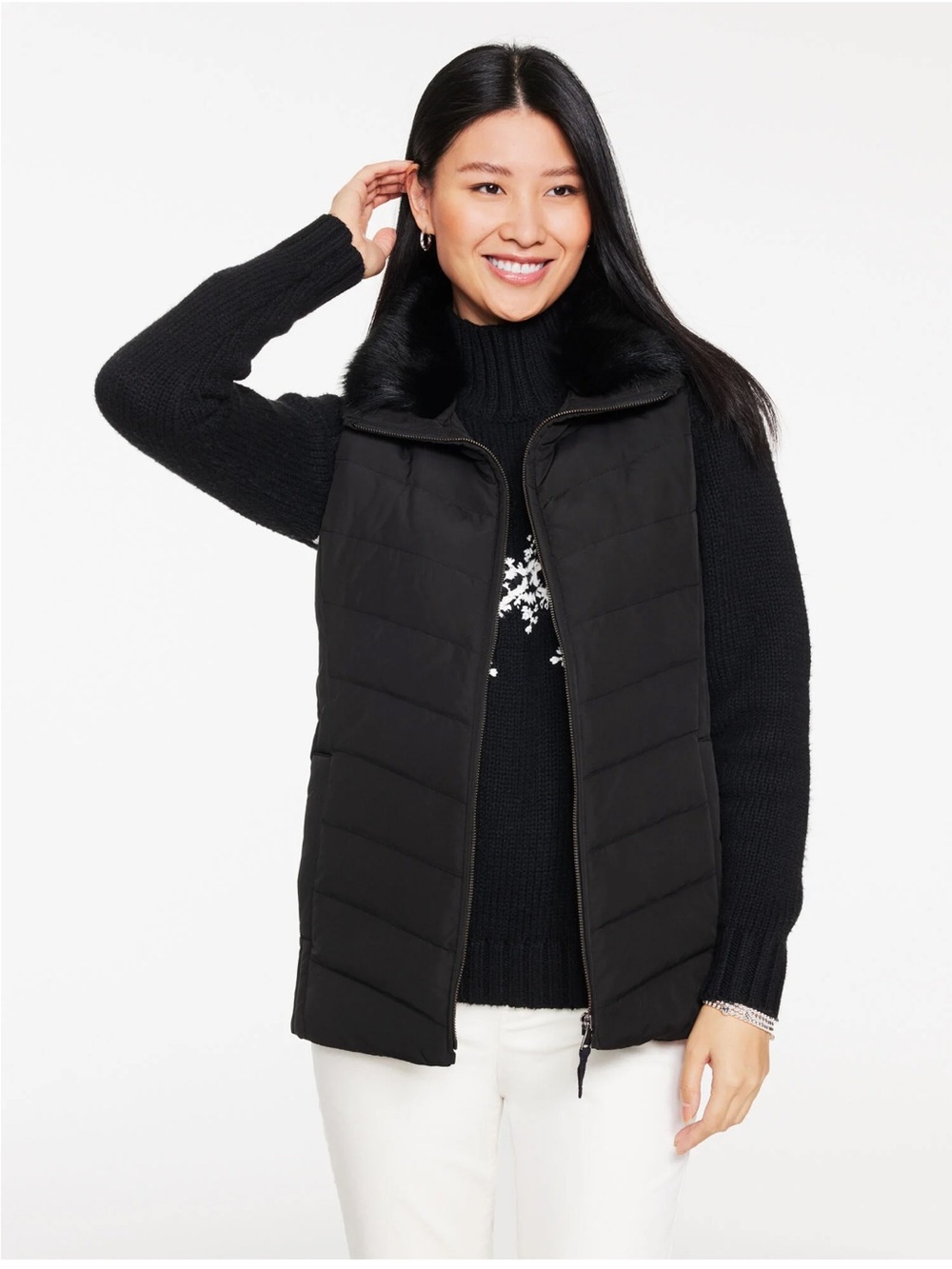 Talbots Faux Fur Down Puffer Vest Black‎ Small Quilted Warm Layering